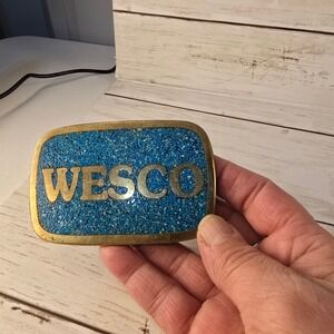 Vintage Wesco Belt Buckle Brass Blue Crushed Turquoise Stone Inlay Western Work